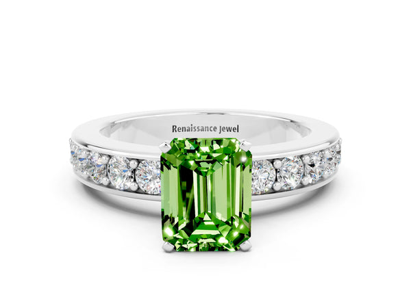 Platinum Emerald Cut Peridot Engagement Ring with Channel Set Round  Band and Prong Setting