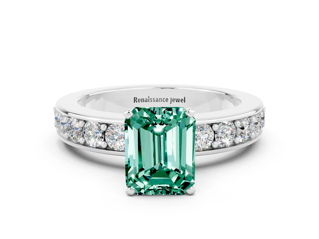 White gold Emerald Cut Cut Channel Set Diamond Engagement Ring with Four-Prong Setting