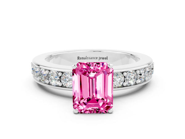 Silver Emerald Cut Pink Sapphire Engagement Ring with Channel Set Round  Band and Prong Setting
