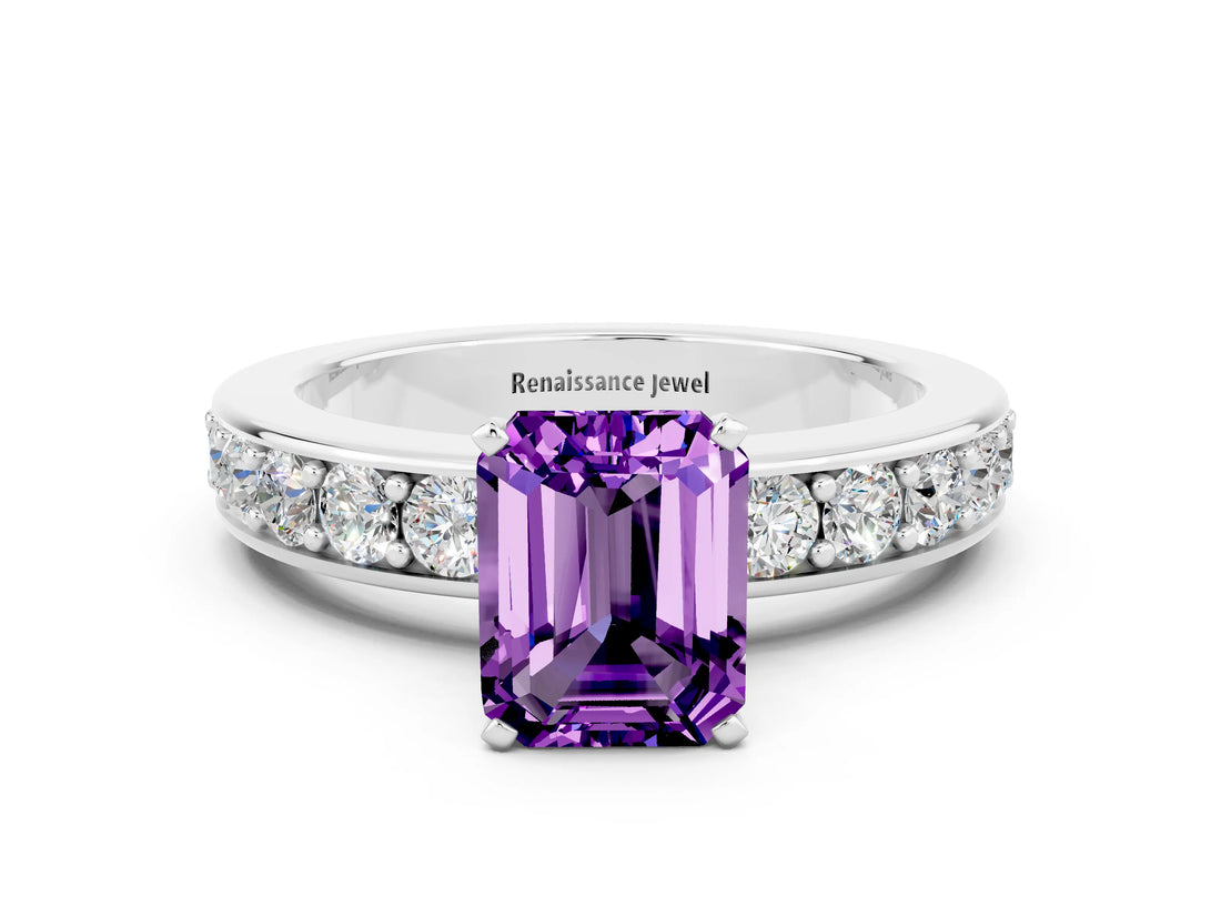White gold Emerald Cut Cut Channel Set Diamond Engagement Ring with Four-Prong Setting