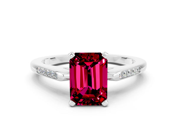 White gold Emerald Cut Garnet Solitaire Ring with Channel Set Round  Band and Prong Setting