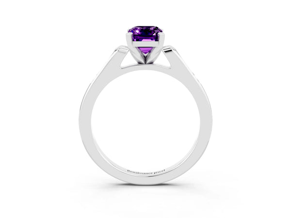 White gold Emerald Cut Amethyst Solitaire Ring with Channel Set Round  Band and Prong Setting