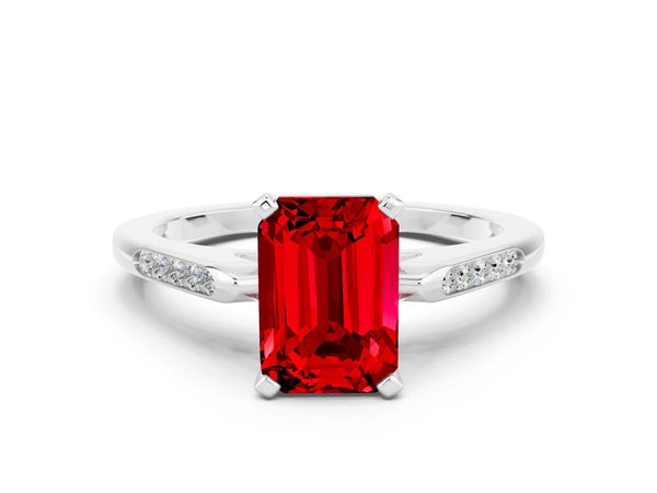 Silver Emerald Cut Ruby Solitaire Ring with Channel Set Round  Band and Prong Setting