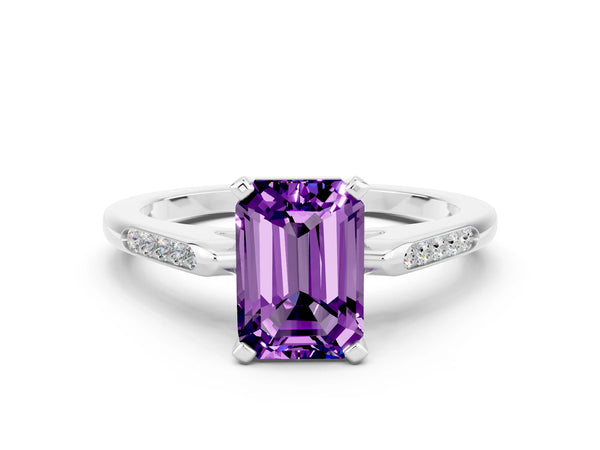 Silver Emerald Cut Amethyst Solitaire Ring with Channel Set Round  Band and Prong Setting
