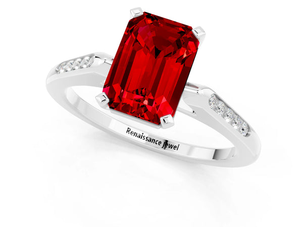 Platinum Emerald Cut Ruby Solitaire Ring with Channel Set Round  Band and Prong Setting