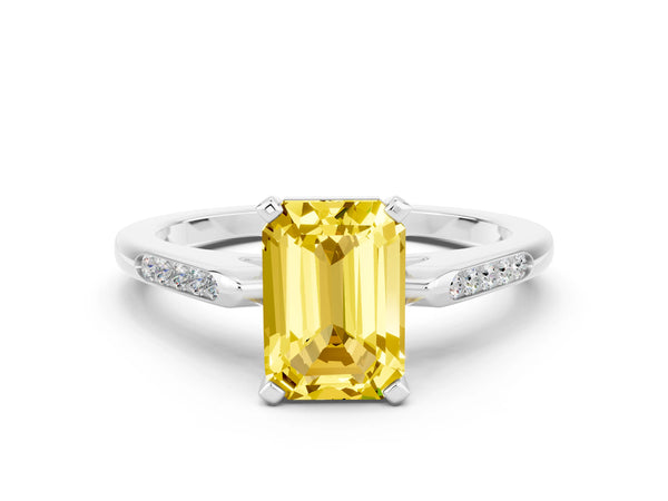 Silver Emerald Cut Yellow Sapphire Solitaire Ring with Channel Set Round  Band and Prong Setting