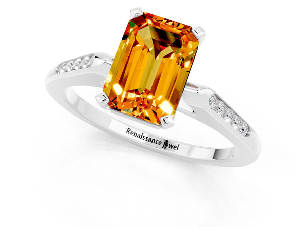 Platinum Emerald Cut Citrine Solitaire Ring with Channel Set Round  Band and Prong Setting