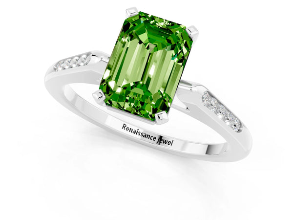 White gold Emerald Cut Peridot Solitaire Ring with Channel Set Round  Band and Prong Setting