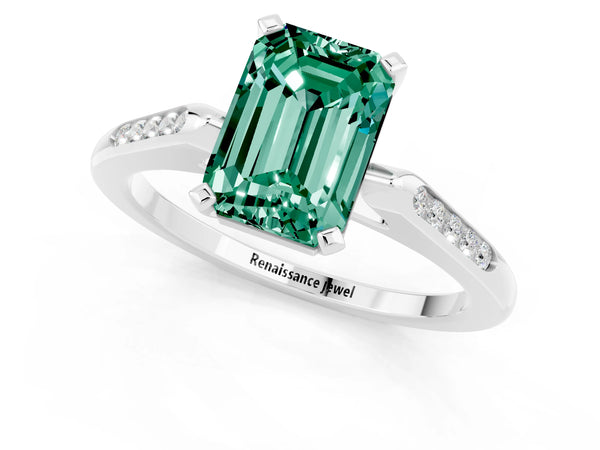 Platinum Emerald Cut Green Sapphire Solitaire Ring with Channel Set Round  Band and Prong Setting