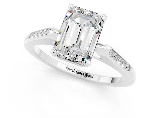 Platinum Emerald Cut Moissanite Solitaire Ring with Channel Set Round  Band and Prong Setting