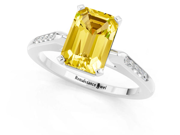 Silver Emerald Cut Yellow Sapphire Solitaire Ring with Channel Set Round  Band and Prong Setting
