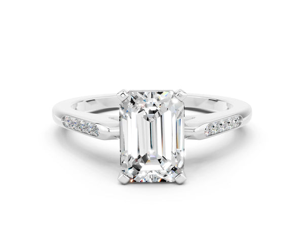 Silver Emerald Cut Moissanite Solitaire Ring with Channel Set Round  Band and Prong Setting