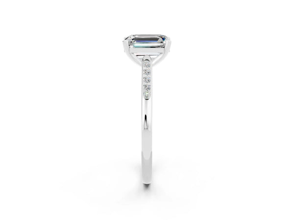 Platinum Emerald Cut Moissanite Solitaire Ring with Channel Set Round  Band and Prong Setting