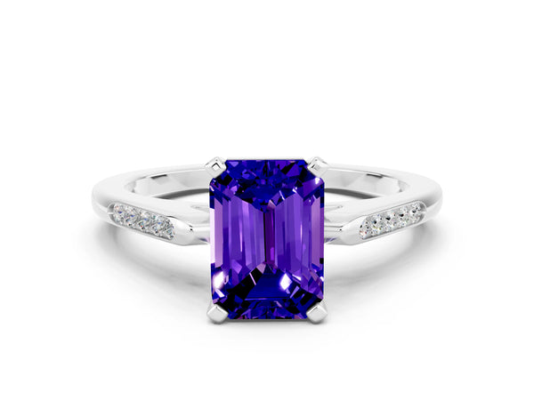 Platinum Emerald Cut Tanzanite Solitaire Ring with Channel Set Round  Band and Prong Setting