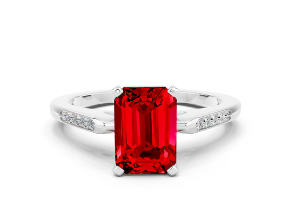 Platinum Emerald Cut Ruby Solitaire Ring with Channel Set Round  Band and Prong Setting