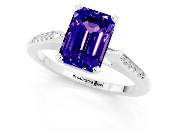 Platinum Emerald Cut Tanzanite Solitaire Ring with Channel Set Round  Band and Prong Setting
