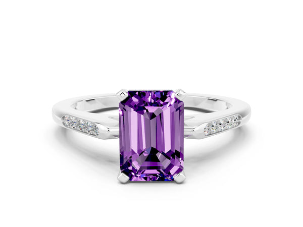 Silver Emerald Cut Amethyst Solitaire Ring with Channel Set Round  Band and Prong Setting