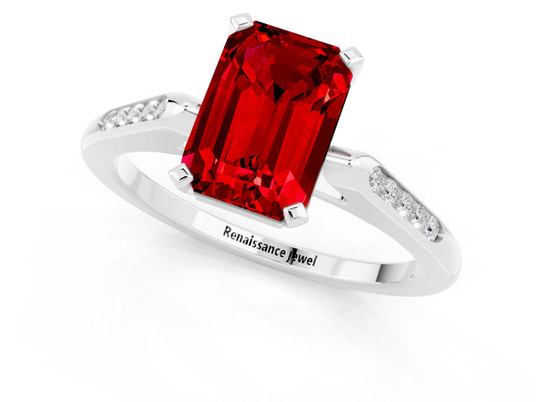 Platinum Emerald Cut Ruby Solitaire Ring with Channel Set Round  Band and Prong Setting