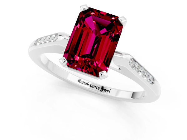 Silver Emerald Cut Garnet Solitaire Ring with Channel Set Round  Band and Prong Setting