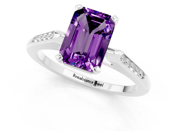 Silver Emerald Cut Amethyst Solitaire Ring with Channel Set Round  Band and Prong Setting