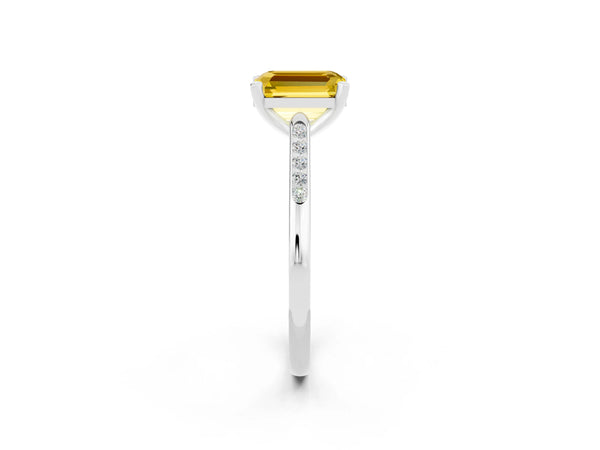 Silver Emerald Cut Yellow Sapphire Solitaire Ring with Channel Set Round  Band and Prong Setting