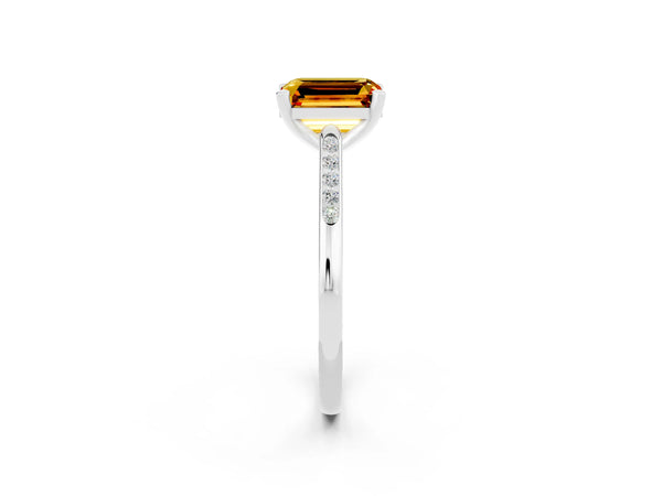 Platinum Emerald Cut Citrine Solitaire Ring with Channel Set Round  Band and Prong Setting