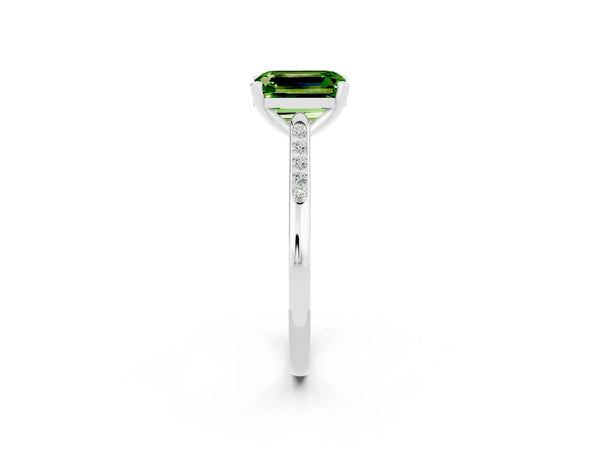 Platinum Emerald Cut Peridot Solitaire Ring with Channel Set Round  Band and Prong Setting
