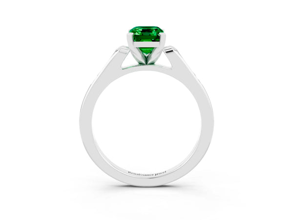 Platinum Emerald Cut Emerald Solitaire Ring with Channel Set Round  Band and Prong Setting