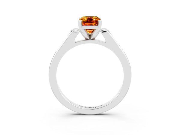 Platinum Emerald Cut Citrine Solitaire Ring with Channel Set Round  Band and Prong Setting
