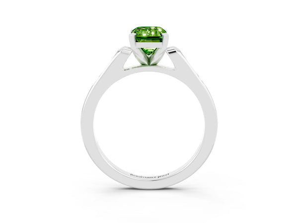 Platinum Emerald Cut Peridot Solitaire Ring with Channel Set Round  Band and Prong Setting