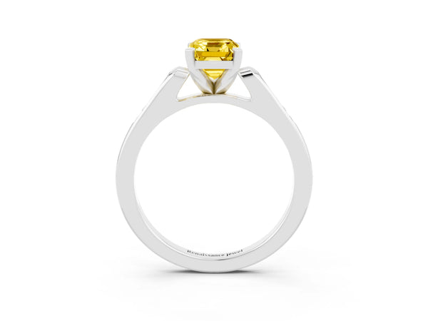 Platinum Emerald Cut Yellow Sapphire Solitaire Ring with Channel Set Round  Band and Prong Setting