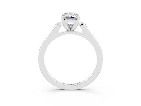 White gold Emerald Cut Moissanite Solitaire Ring with Channel Set Round  Band and Prong Setting