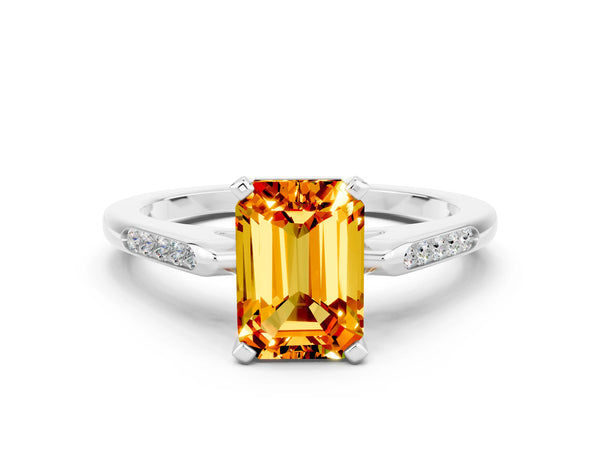 Silver Emerald Cut Citrine Solitaire Ring with Channel Set Round  Band and Prong Setting