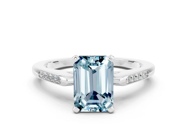 White gold Emerald Cut Aquamarine Solitaire Ring with Channel Set Round  Band and Prong Setting