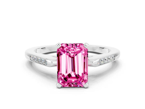 White gold Emerald Cut Pink Sapphire Solitaire Ring with Channel Set Round  Band and Prong Setting