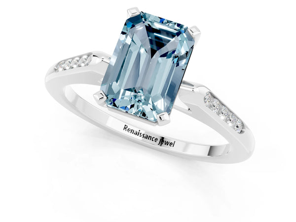 White gold Emerald Cut Aquamarine Solitaire Ring with Channel Set Round  Band and Prong Setting