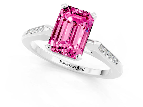 White gold Emerald Cut Pink Sapphire Solitaire Ring with Channel Set Round  Band and Prong Setting