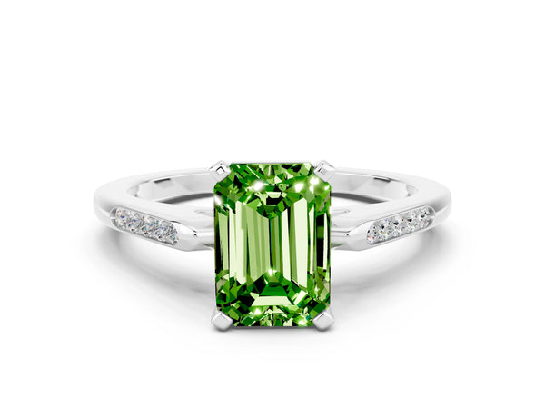Platinum Emerald Cut Peridot Solitaire Ring with Channel Set Round  Band and Prong Setting