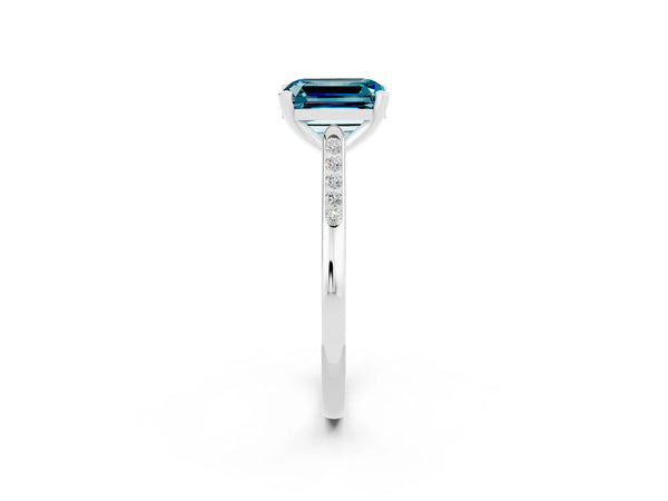 White gold Emerald Cut Blue Topaz Solitaire Ring with Channel Set Round  Band and Prong Setting