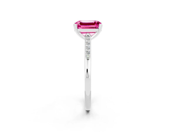 Silver Emerald Cut Pink Sapphire Solitaire Ring with Channel Set Round  Band and Prong Setting