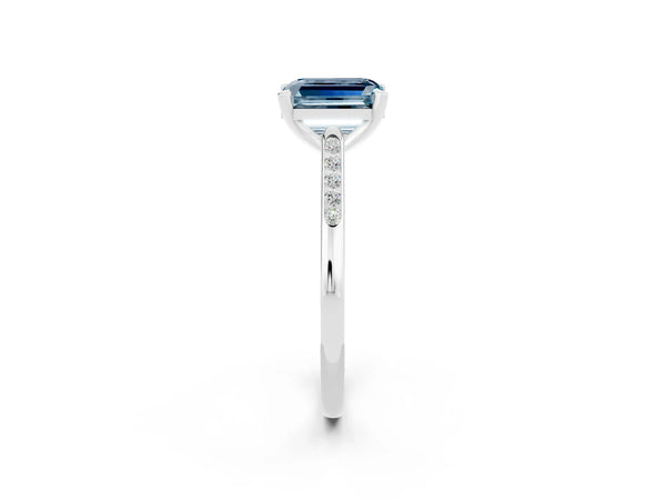 White gold Emerald Cut Aquamarine Solitaire Ring with Channel Set Round  Band and Prong Setting