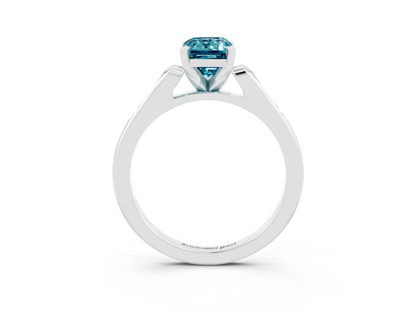 White gold Emerald Cut Blue Topaz Solitaire Ring with Channel Set Round  Band and Prong Setting