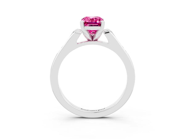 Silver Emerald Cut Pink Sapphire Solitaire Ring with Channel Set Round  Band and Prong Setting