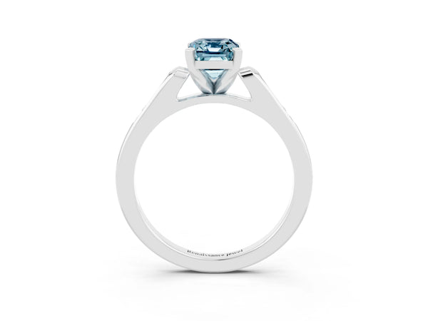 White gold Emerald Cut Aquamarine Solitaire Ring with Channel Set Round  Band and Prong Setting