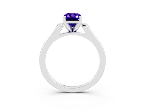 Silver Emerald Cut Tanzanite Solitaire Ring with Channel Set Round  Band and Prong Setting