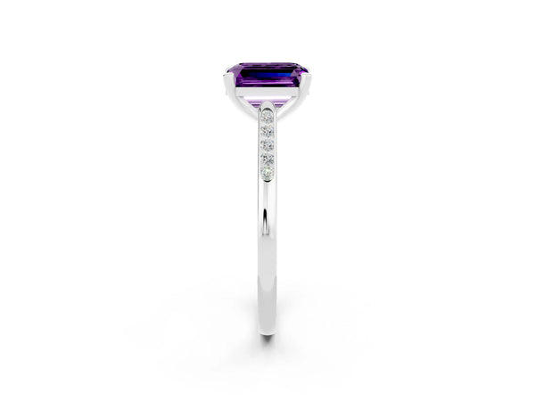 White gold Emerald Cut Amethyst Solitaire Ring with Channel Set Round  Band and Prong Setting