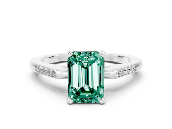 White gold Emerald Cut Green Sapphire Solitaire Ring with Channel Set Round  Band and Prong Setting