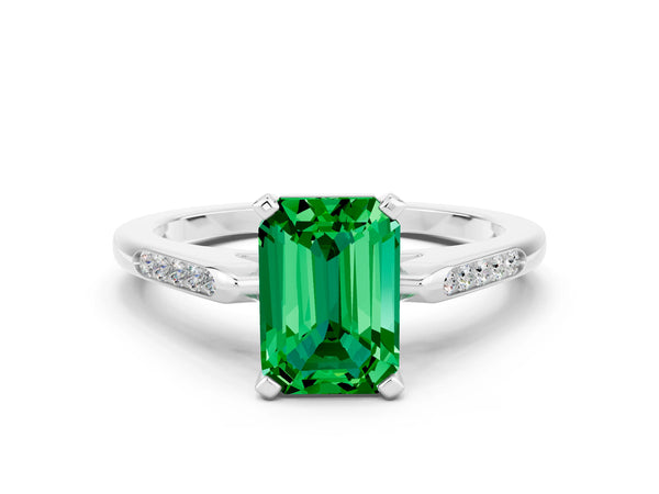 Platinum Emerald Cut Emerald Solitaire Ring with Channel Set Round  Band and Prong Setting