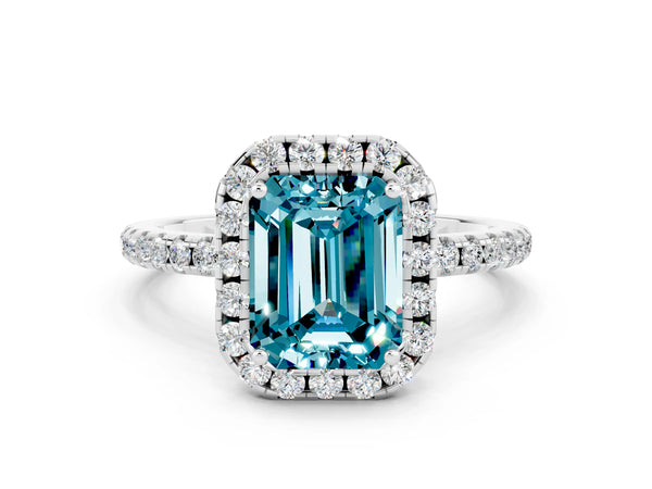 White gold Emerald Cut Cut Diamond Floral Halo Engagement Ring with Pavé Band and Prong Setting