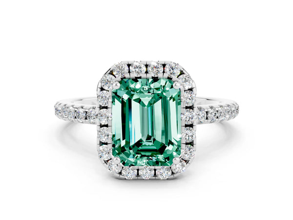 Platinum Emerald Cut Green Sapphire Halo Engagement Ring with Round Pavé Band and Prong Setting
